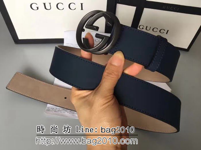 古馳CUCCI 雙面頭層 高級亞面牛皮 絲綢面料 純銅噴漆扣男士皮帶 GHG1120